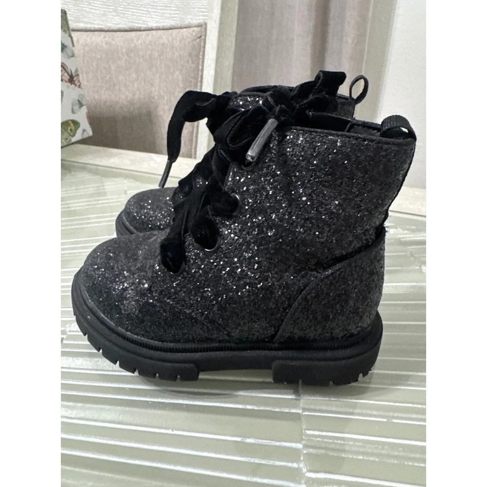 Cat & Jack Girls Black Glitter Combat Boots Velvet Laces Side Zip Size 7 Toddler